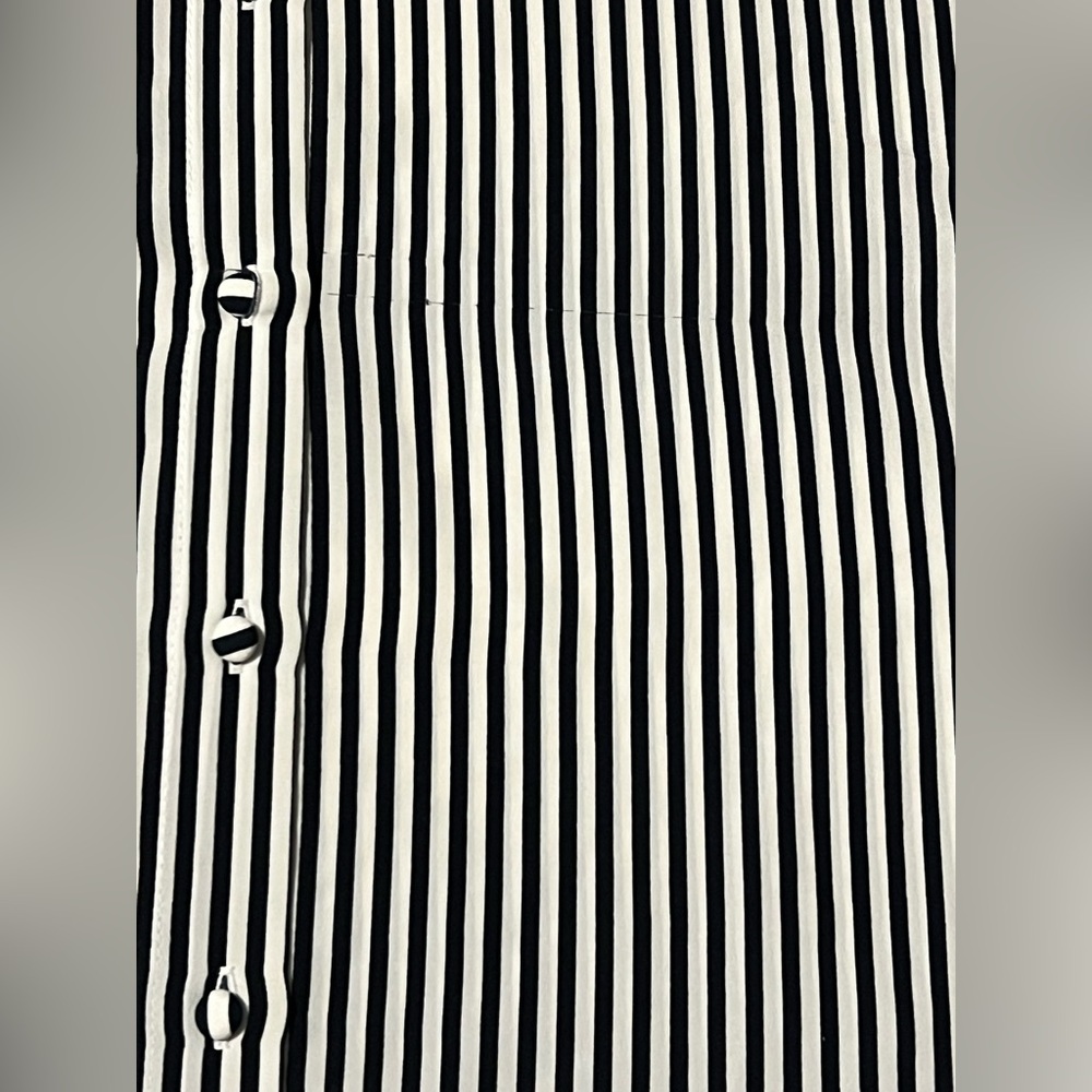 Banana Republic Dillon Black Blouse White Vertical Stripe Button Down Ruffle Top - Picture 12 of 13